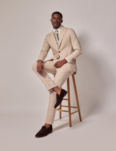 Mens Linen Slim Suit - Stone