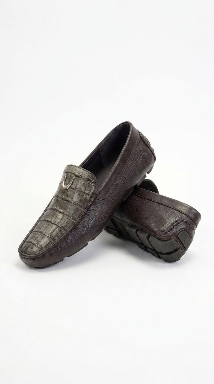 Vestigium Men’s Brown Genuine Caiman Belly Loafers, Handcrafted Alligator Texture Dress Shoes