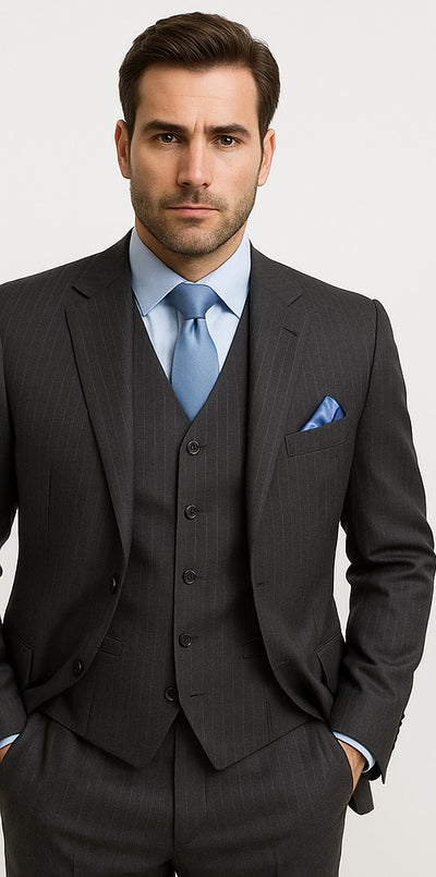 Men's Super Stylish Stunning Charcoal Gray Pinstripe 3 Pieces Vested Suits Available in 2 or 3 buttons - Three Piece Suit