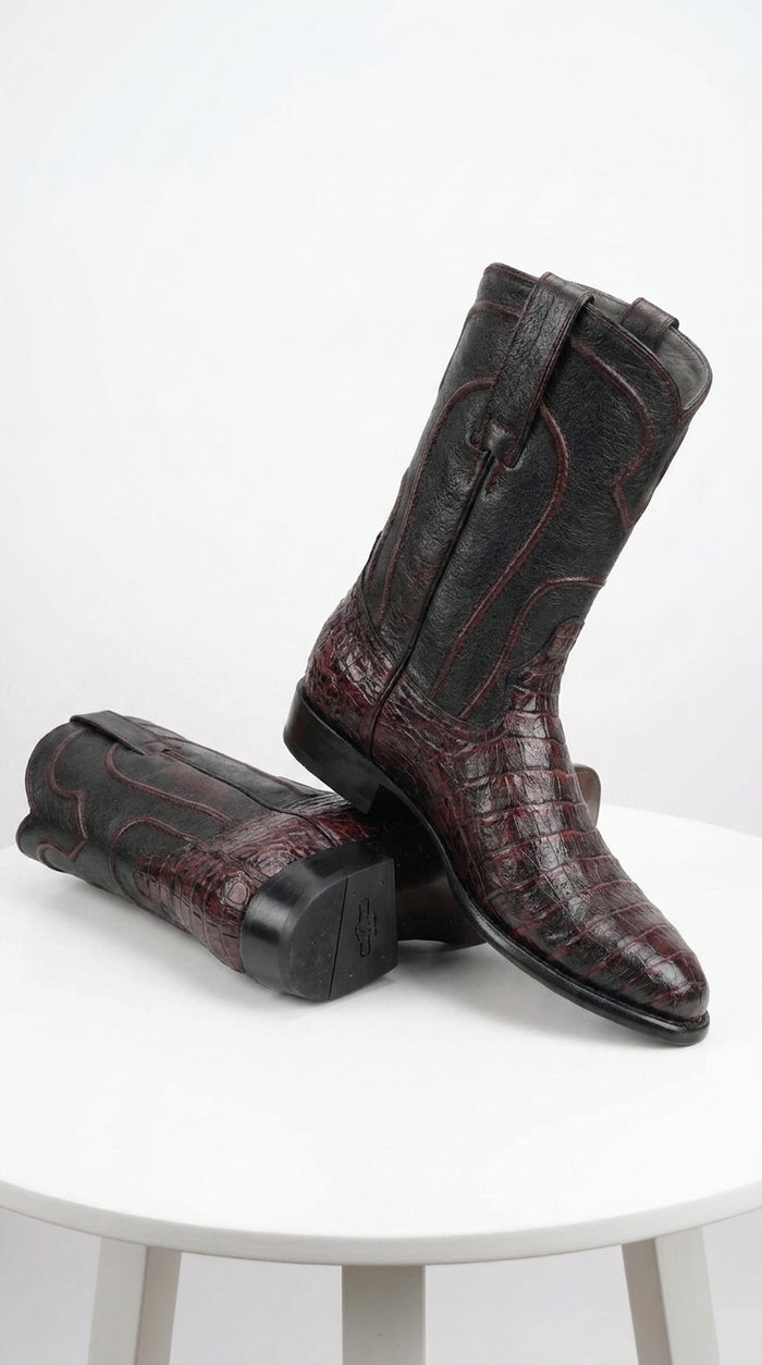 Los Altos Men’s Black Cherry Caiman Belly Roper Toe Boots, Exotic Western Cowboy Dress Boots