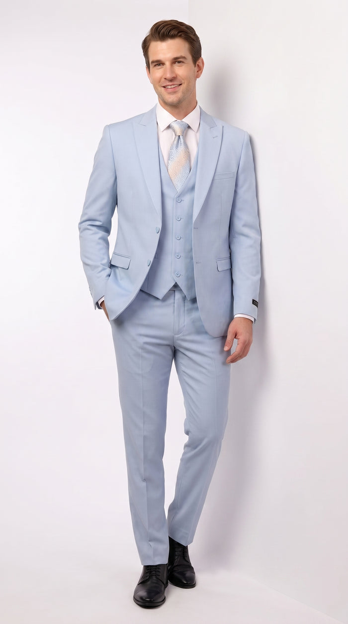 Vitali Men’s Sky Blue Solid Vested Suit, M1888 Formal Wedding Prom Dress Suit