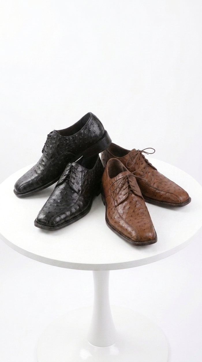 Men’s Exotic Ostrich Oxford Dress Shoes, Black and Brown Lace-Up Ostrich Skin Formal Shoes