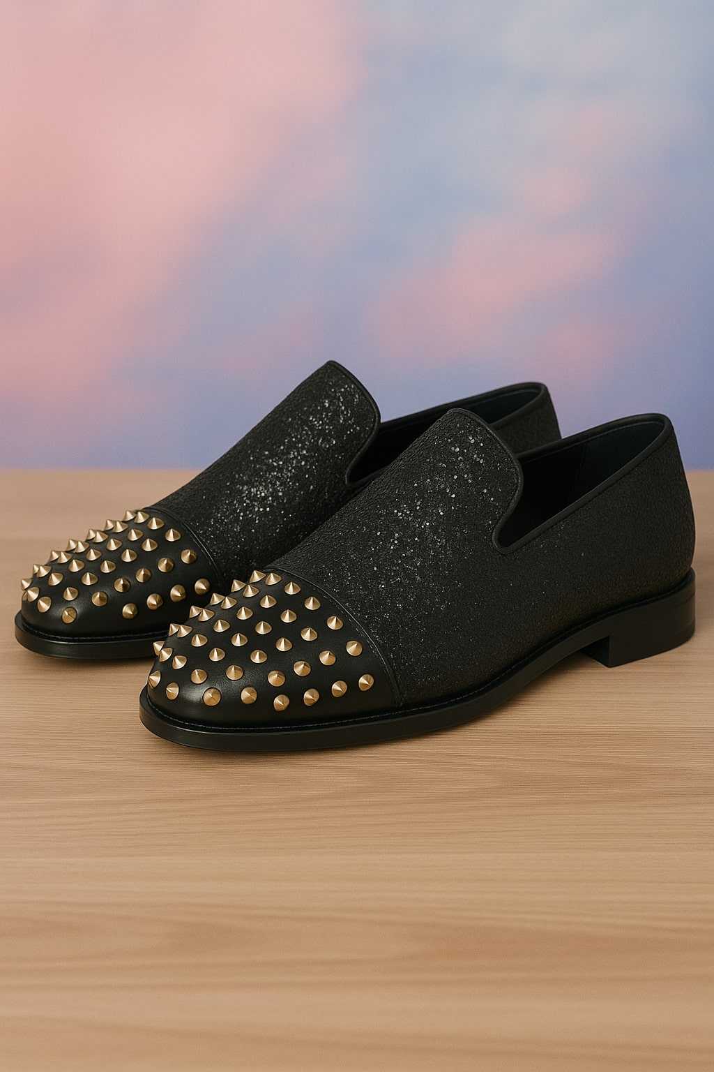 Black Glitter Loafers with Spike Studded Toe