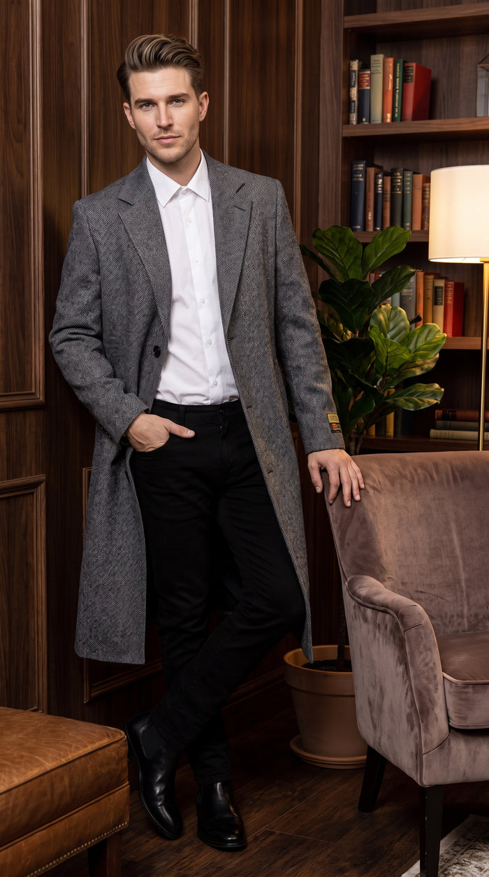 Men’s Grey Big and Tall Long Overcoat, Winter Dress Topcoat Outerwear Coat Up to Size 68