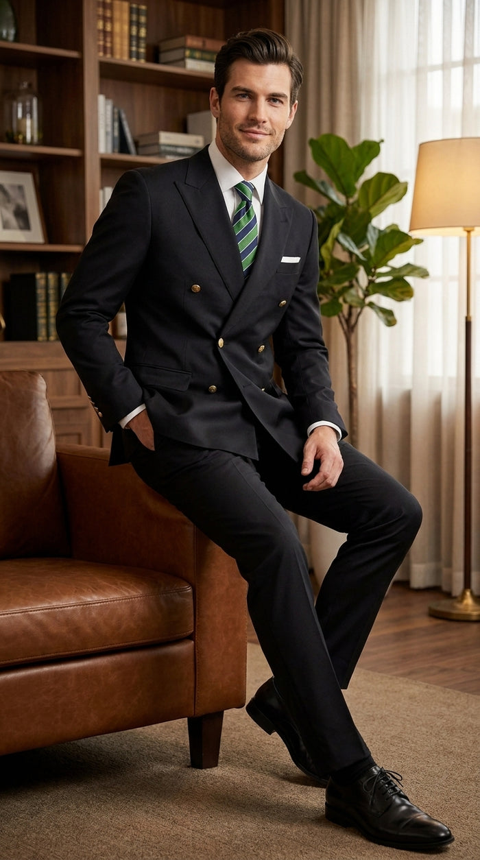 Men’s Solid Black Double Breasted Suit Blazer, Gold Button Formal Business Sport Coat