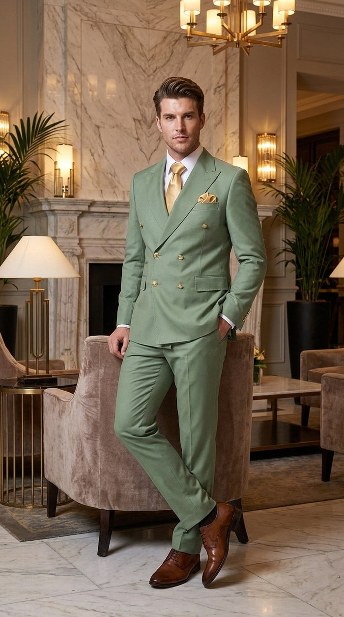 Rossi Man Milano Men’s Sage Green Double-Breasted Suit – Gold Button Wedding, Prom and Formal Suit