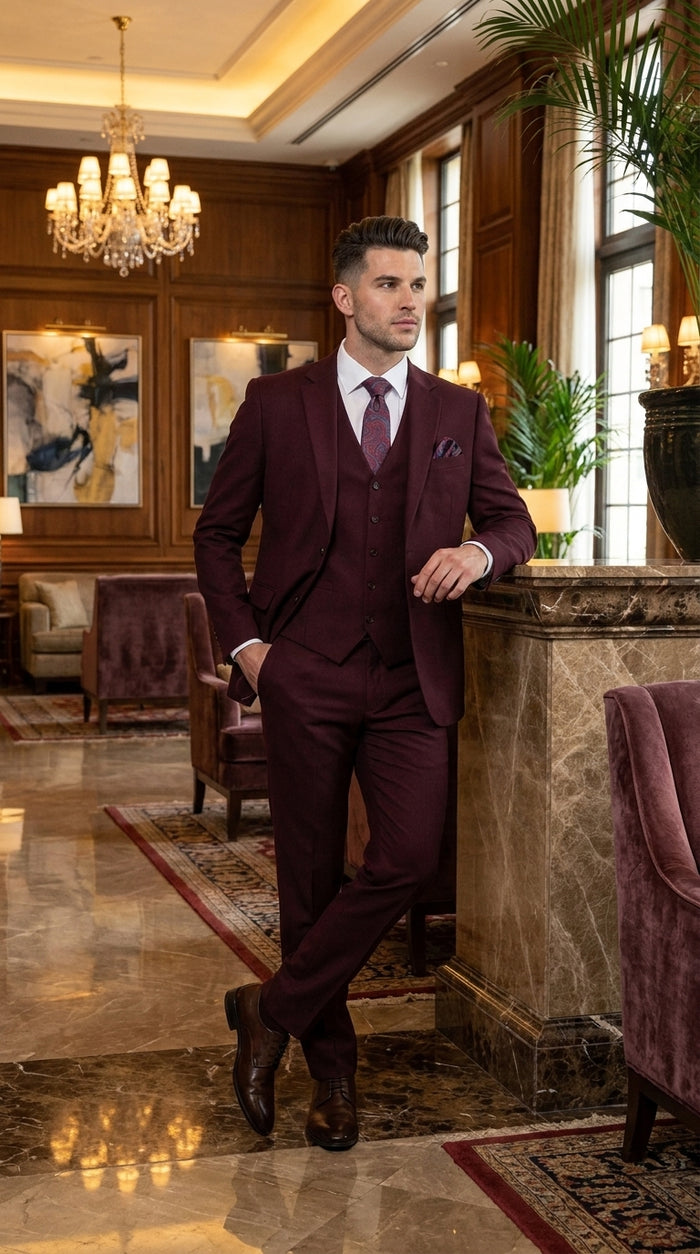 Men’s Burgundy 3-Piece Wool Suit – Regular Fit Wedding, Business and Formal Suit with Pleated Pants