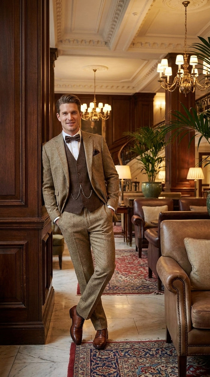 Men’s Great Gatsby 3-Piece Suit – Tobey Maguire Inspired 1920s Vintage Wedding Costume in Tan