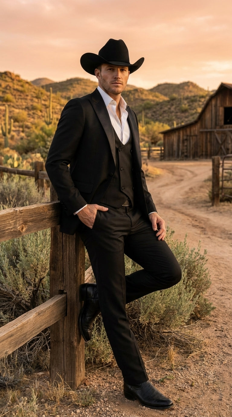 Men’s Black Western Tuxedo Suit with Satin Shawl Lapel, Double Breasted Vest Formal Cowboy Suit