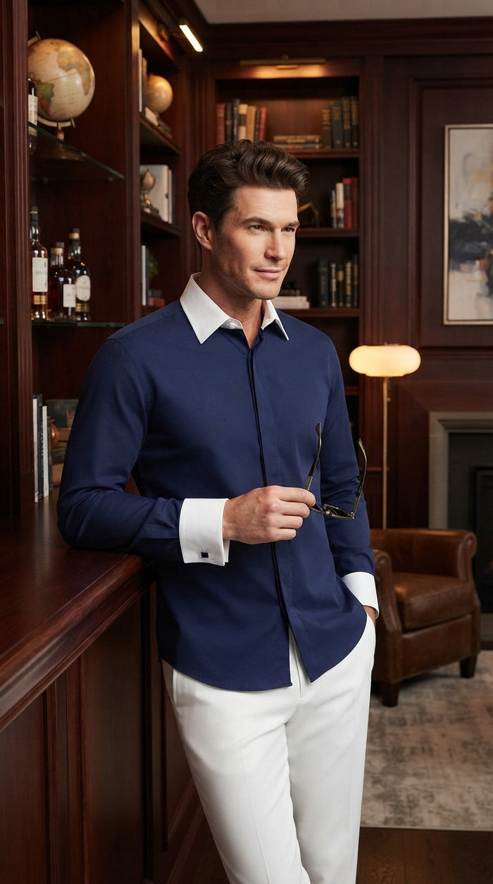 Men’s Multi Color Two Tone Dress Shirt, White Collar Contrast Formal Fashion Shirt