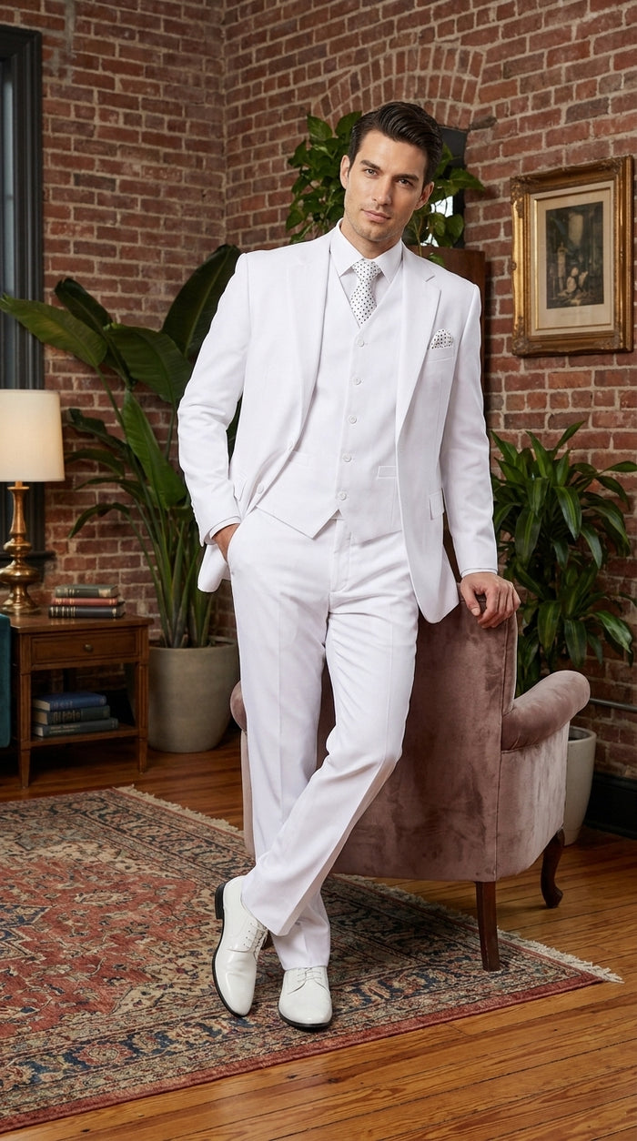 Men’s White 2 Button Wedding Suit, Modern Vested Formal Groom Prom Dress Suit