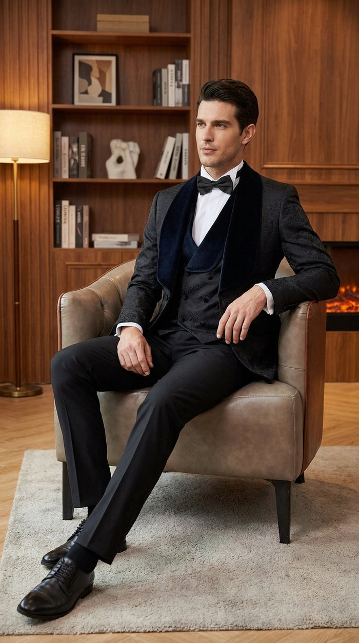 Men’s Black Designer 3-Piece Wedding Tuxedo – Wide Velvet Shawl Lapel Vested Formal Suit