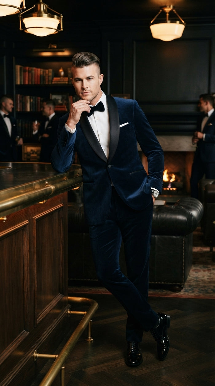 Men’s 007 James Bond Navy Wool Tuxedo – Black Satin Shawl Lapel Wedding and Formal Suit