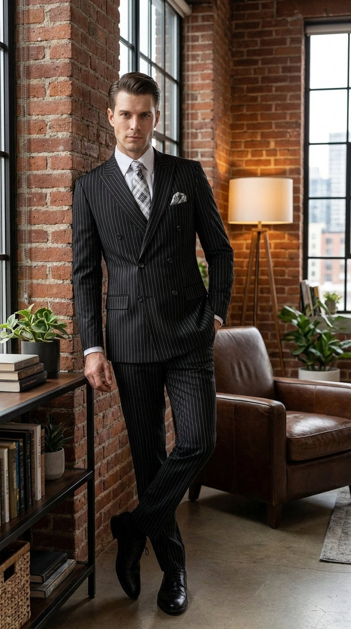 Men’s Black Bold Pinstripe Double-Breasted Wool Suit – Designer Gangster Wedding and Formal Suit