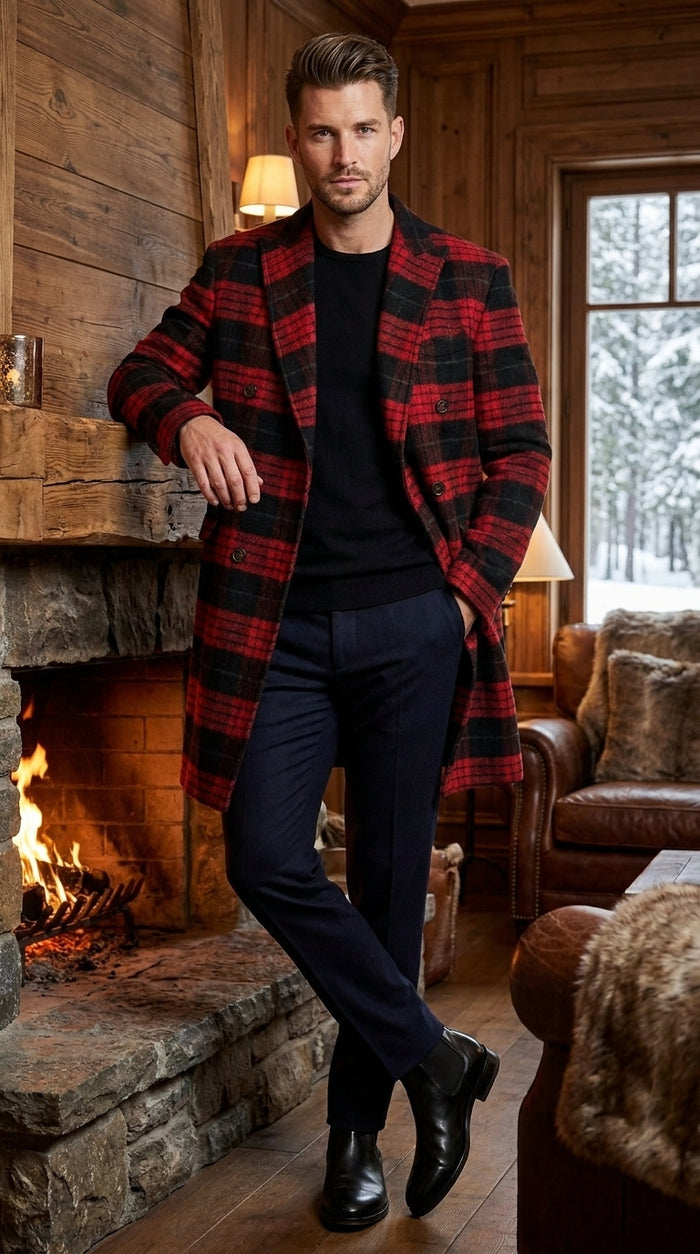 Men’s Red and Black Plaid Double-Breasted Overcoat – Wool-Blend Peacoat and Winter Topcoat