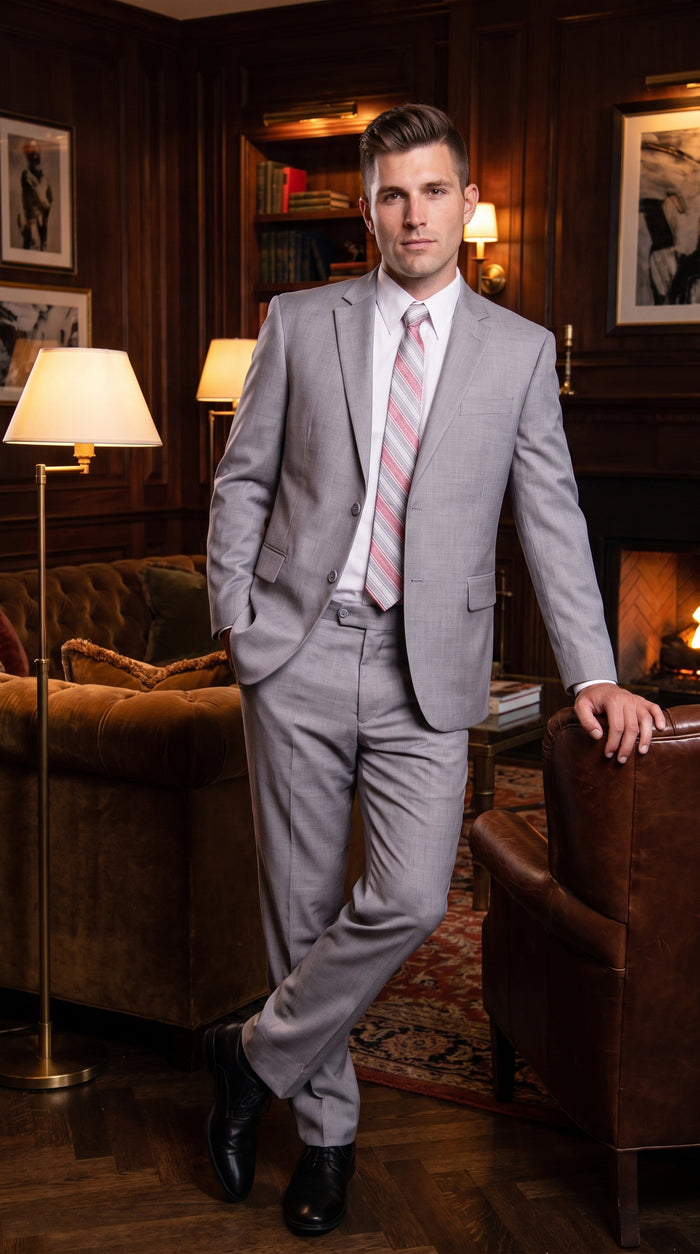 Tiglio Men’s Light Grey 2 Button Suit, High Quality Formal Wedding Business Dress Suit