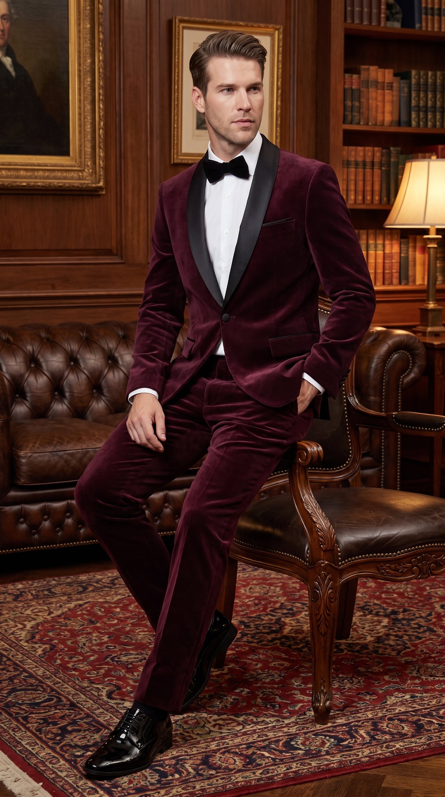 Men’s Maroon and Black Tuxedo Suit, 1 Button Burgundy Shawl Lapel Formal Wedding Prom Suit
