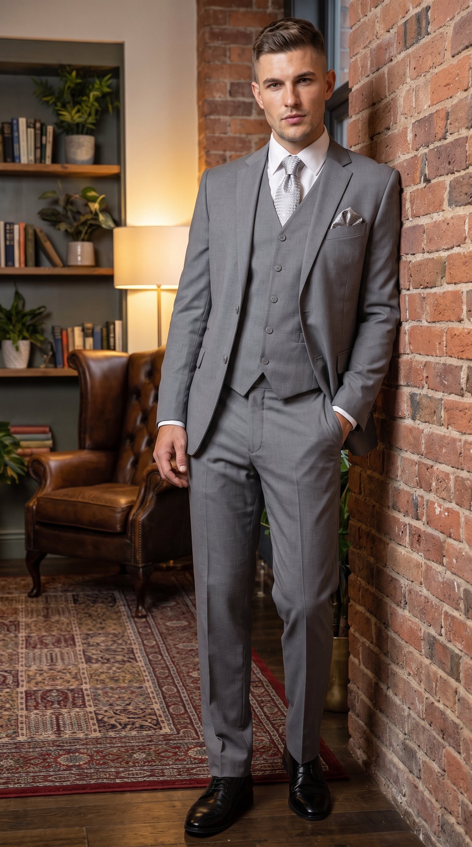 Men’s Light Grey Classic Vested Suit, 3 Piece Formal Wedding Business Dress Suit