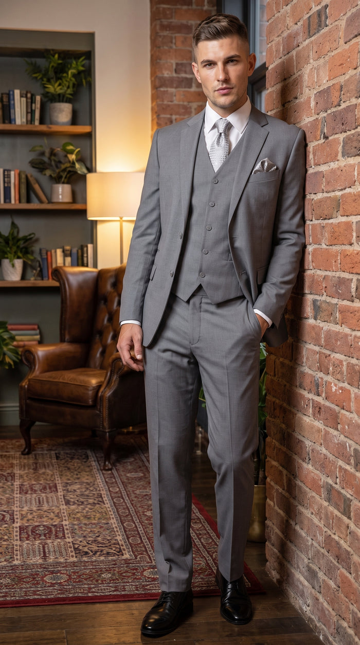 Men’s Light Grey Classic Vested Suit, 3 Piece Formal Wedding Business Dress Suit