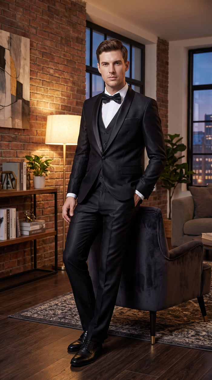 Men’s Black Sharkskin Vested Tuxedo, 1 Button Shawl Lapel Formal Wedding Prom Suit