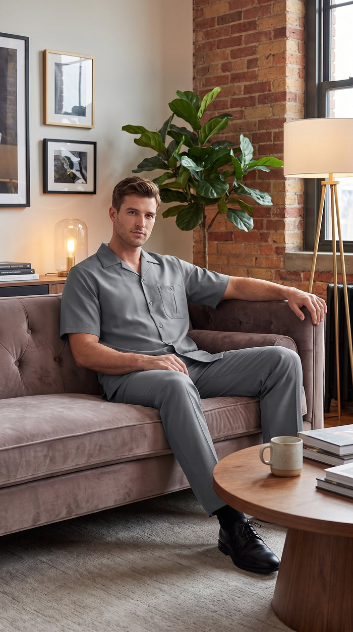 Men’s Grey Big and Tall Walking Suit, Short Sleeve Casual Shirt and Pants Set up to 6XL