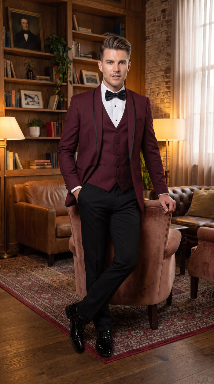 Men’s Burgundy and Black Wool Shawl Lapel Tuxedo Set – Formal Wedding Prom Dinner Suit