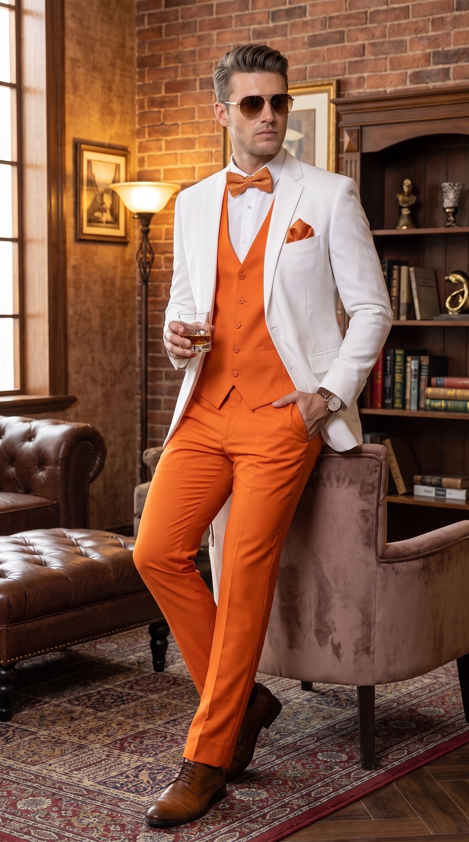Men’s White and Orange Tuxedo Wedding Suit Set, Formal Prom Groom Dinner Suit