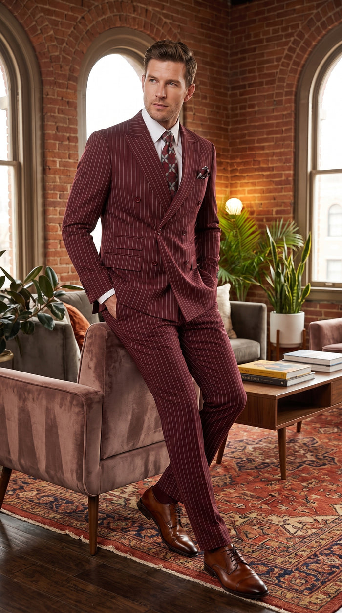 Men’s Maroon Pinstripe Double Breasted Suit, 6 Button Peak Lapel Formal Wedding Business Suit