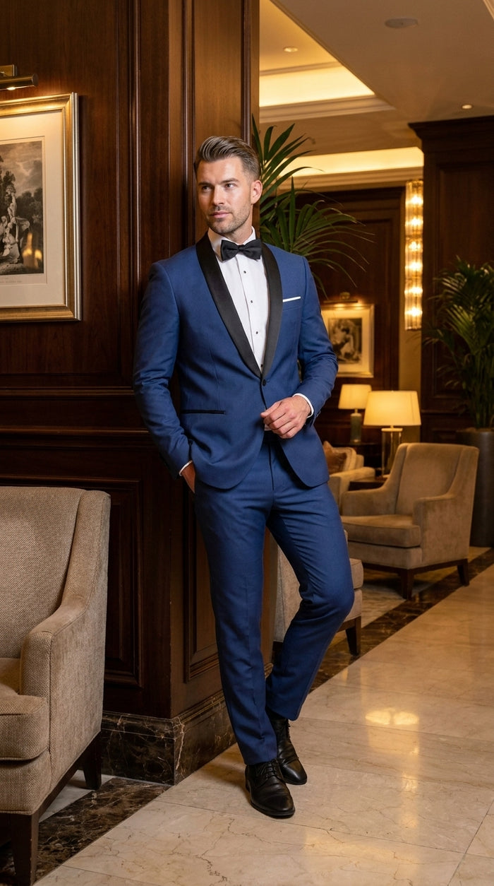 Men’s Cobalt Blue Tuxedo Suit – Black Shawl Lapel Wedding, Prom and Formal 2-Piece Suit
