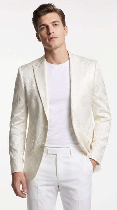 Men’s Off White Paisley Pattern Party Blazer, 1 Button Fancy Formal Suit Jacket
