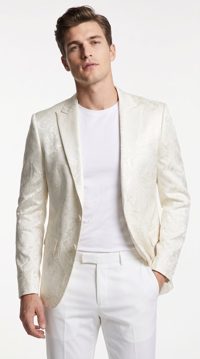 Men’s Off White Paisley Pattern Party Blazer, 1 Button Fancy Formal Suit Jacket