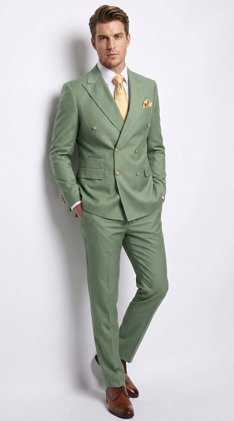Rossi Man Milano Men’s Sage Green Double-Breasted Suit – Gold Button Wedding, Prom and Formal Suit