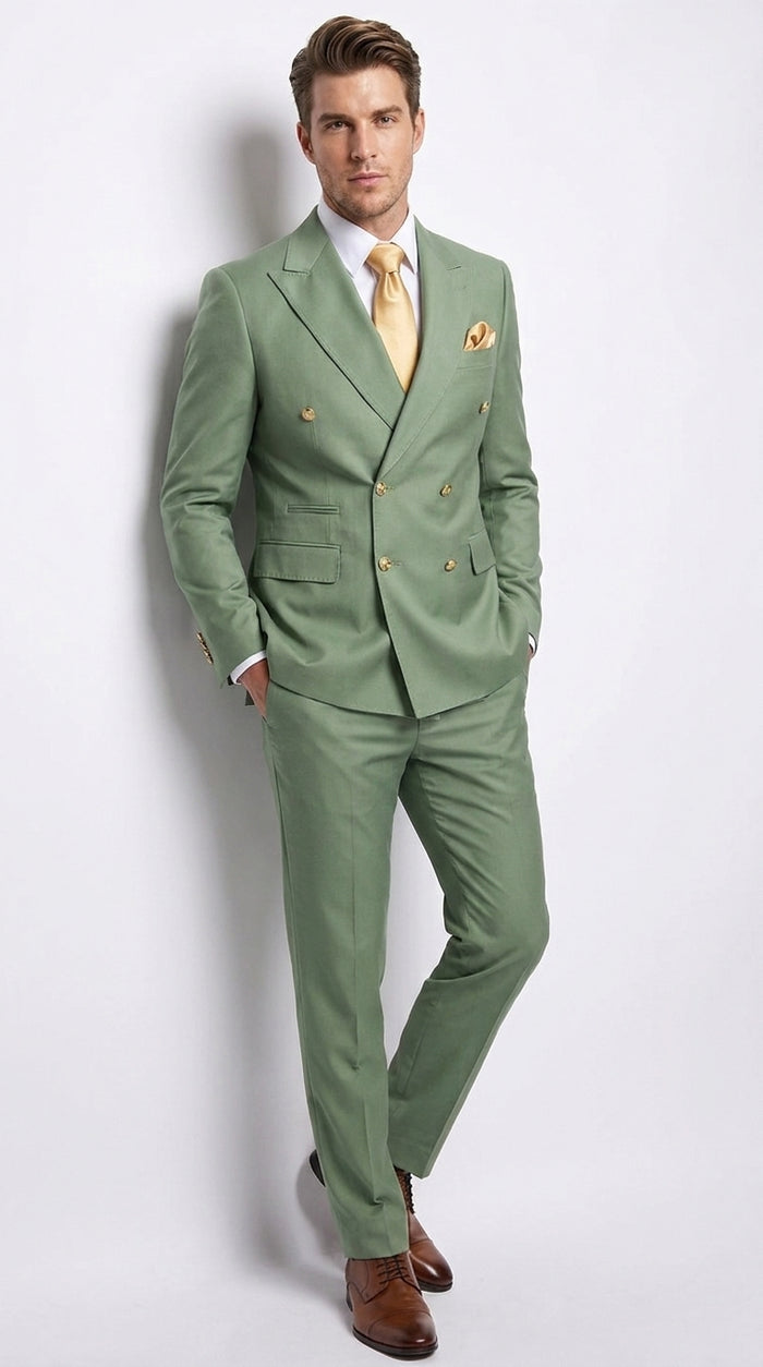 Rossi Man Milano Men’s Sage Green Double-Breasted Suit – Gold Button Wedding, Prom and Formal Suit