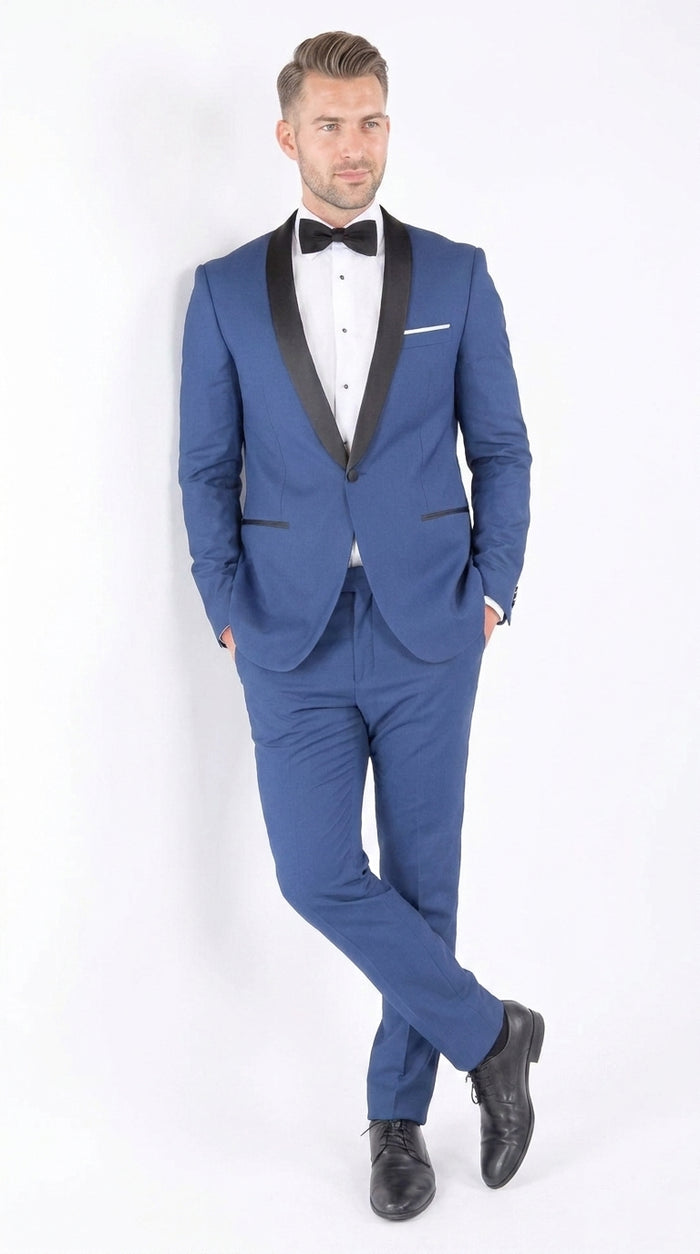 Men’s Cobalt Blue Tuxedo Suit – Black Shawl Lapel Wedding, Prom and Formal 2-Piece Suit
