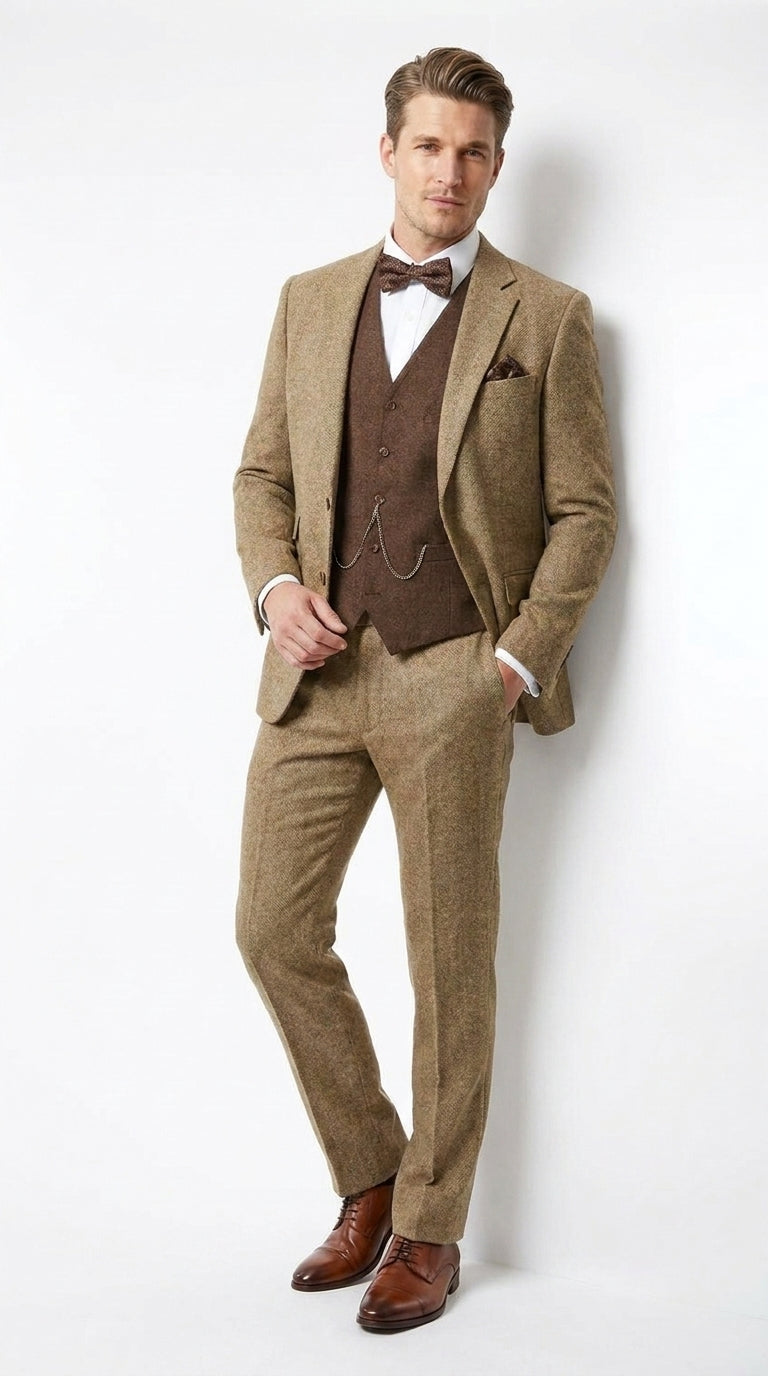 Men’s Great Gatsby 3-Piece Suit – Tobey Maguire Inspired 1920s Vintage Wedding Costume in Tan