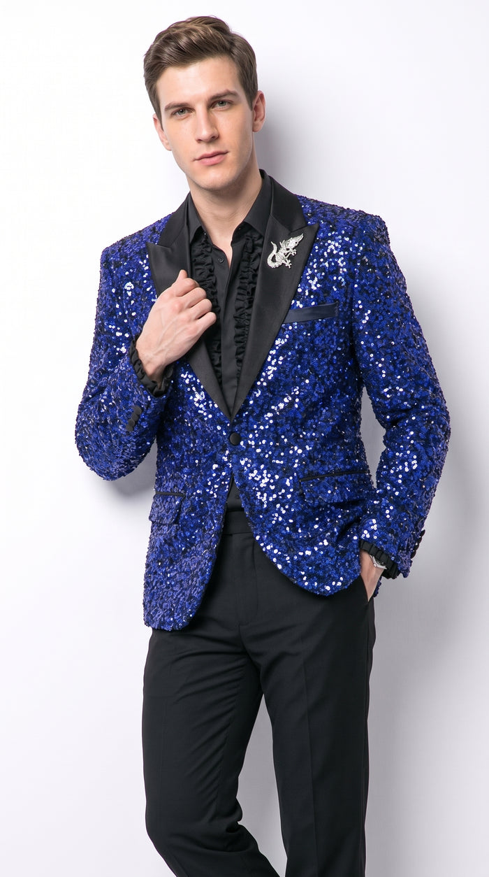 Men’s Royal Blue & Black Sequin Paisley Dinner Jacket – Glitter Sparkly Prom, Wedding and Party Tuxedo Blazer