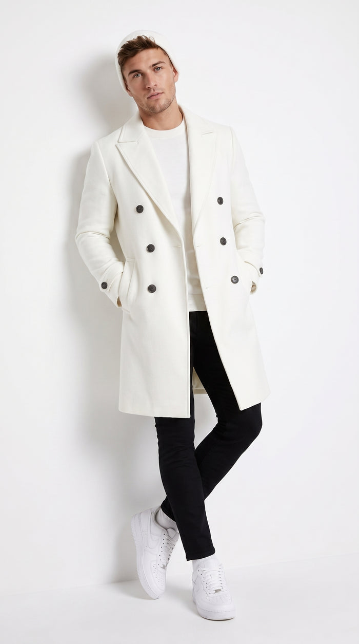 Men’s White Cashmere and Wool Double-Breasted Overcoat – Classic Car Coat for Business and Formal Wear