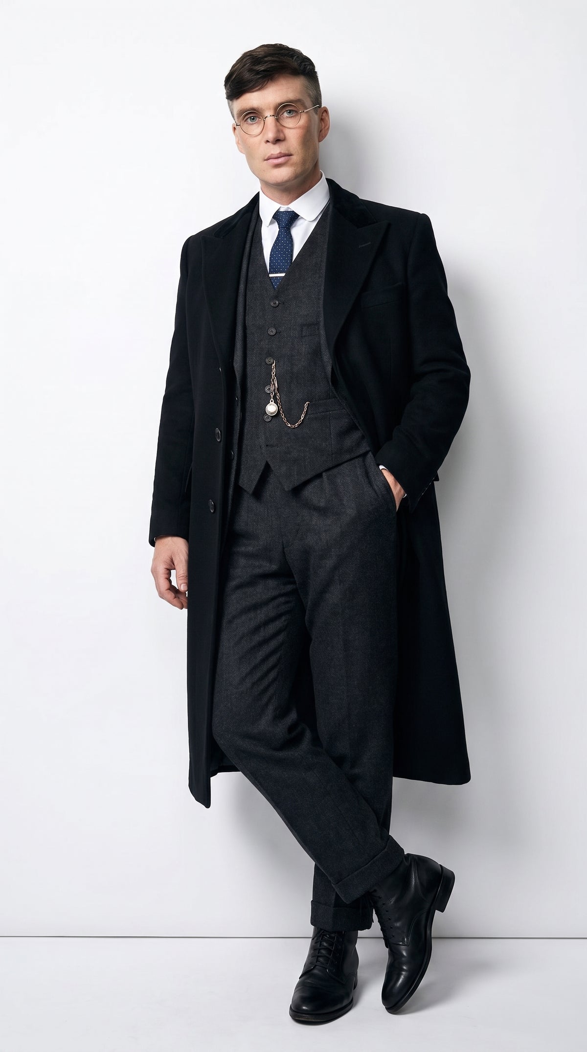 Men’s Black Peaky Blinders 3-Piece Suit with Overcoat – Thomas Shelby Inspired 1920s Gangster Outfit