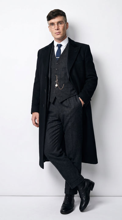 Men’s Black Peaky Blinders 3-Piece Suit with Overcoat – Thomas Shelby Inspired 1920s Gangster Outfit
