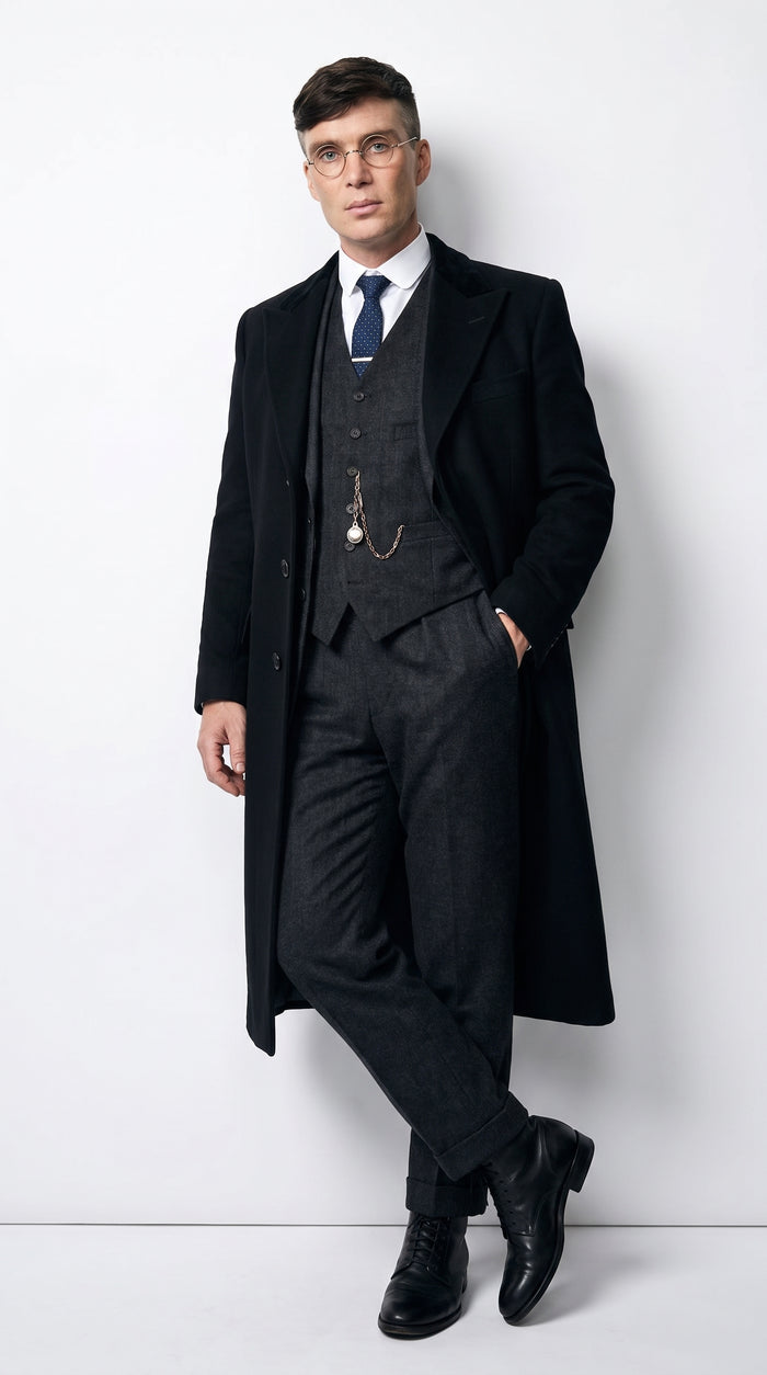 Men’s Black Peaky Blinders 3-Piece Suit with Overcoat – Thomas Shelby Inspired 1920s Gangster Outfit
