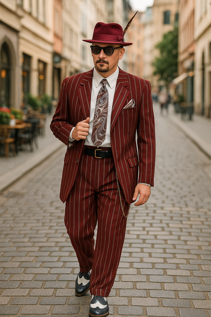 Burgundy Pinstripe 1920s Zoot Suit-3 Piece Set