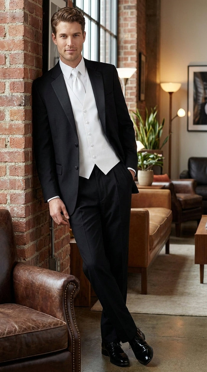 Men’s Black Super 120s Tuxedo Package Deal, 2 Button Formal Suit with White Shirt, Tie and Vest