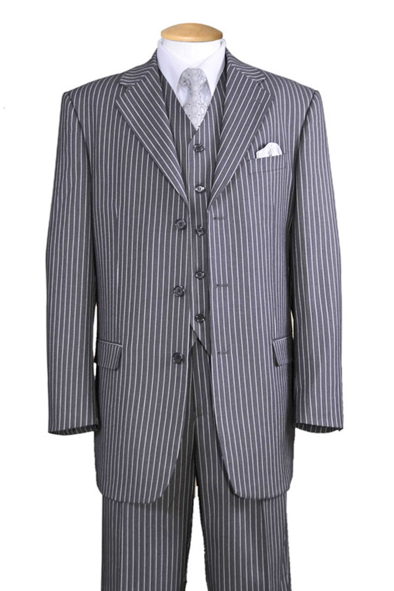 Men's Grey Pinstripe 3-Button Vested Suit