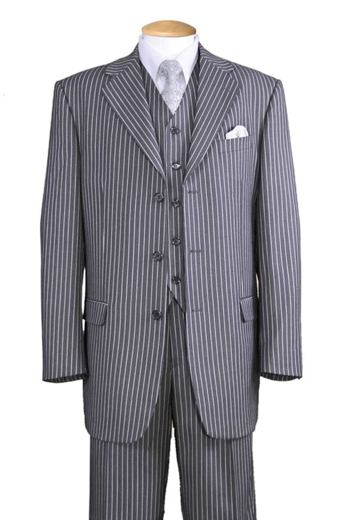 Men's Grey Pinstripe 3-Button Vested Suit