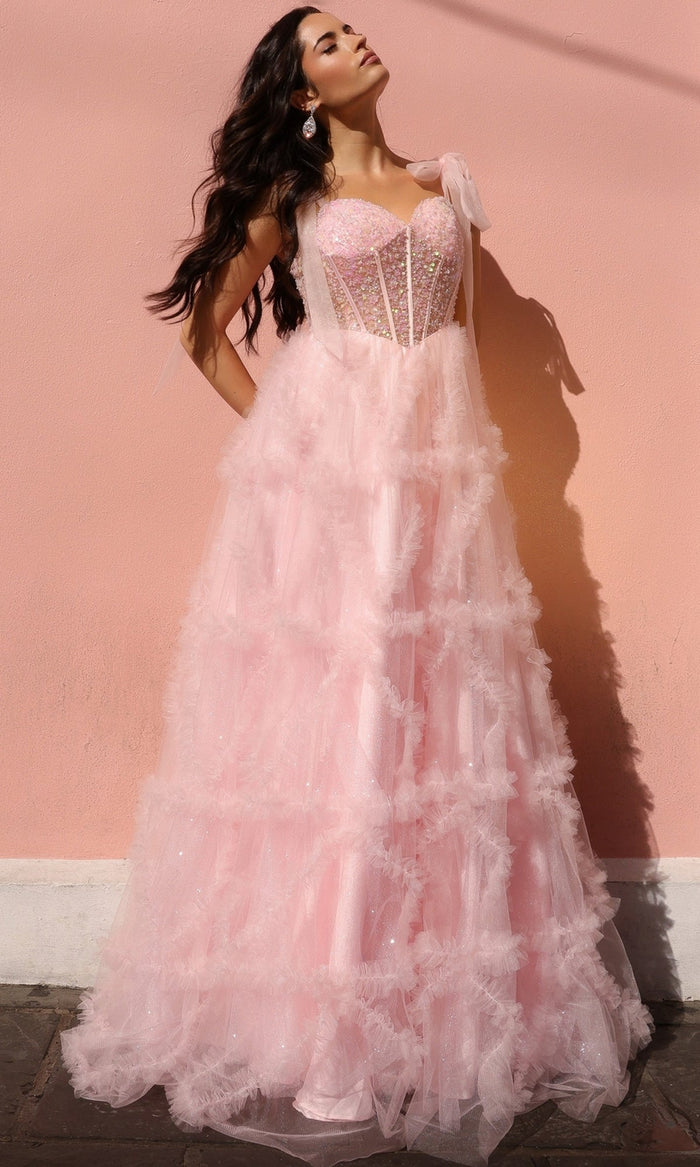 Nox Anabel T1340 Shoulder-Bows Long Ruffled Prom Gown