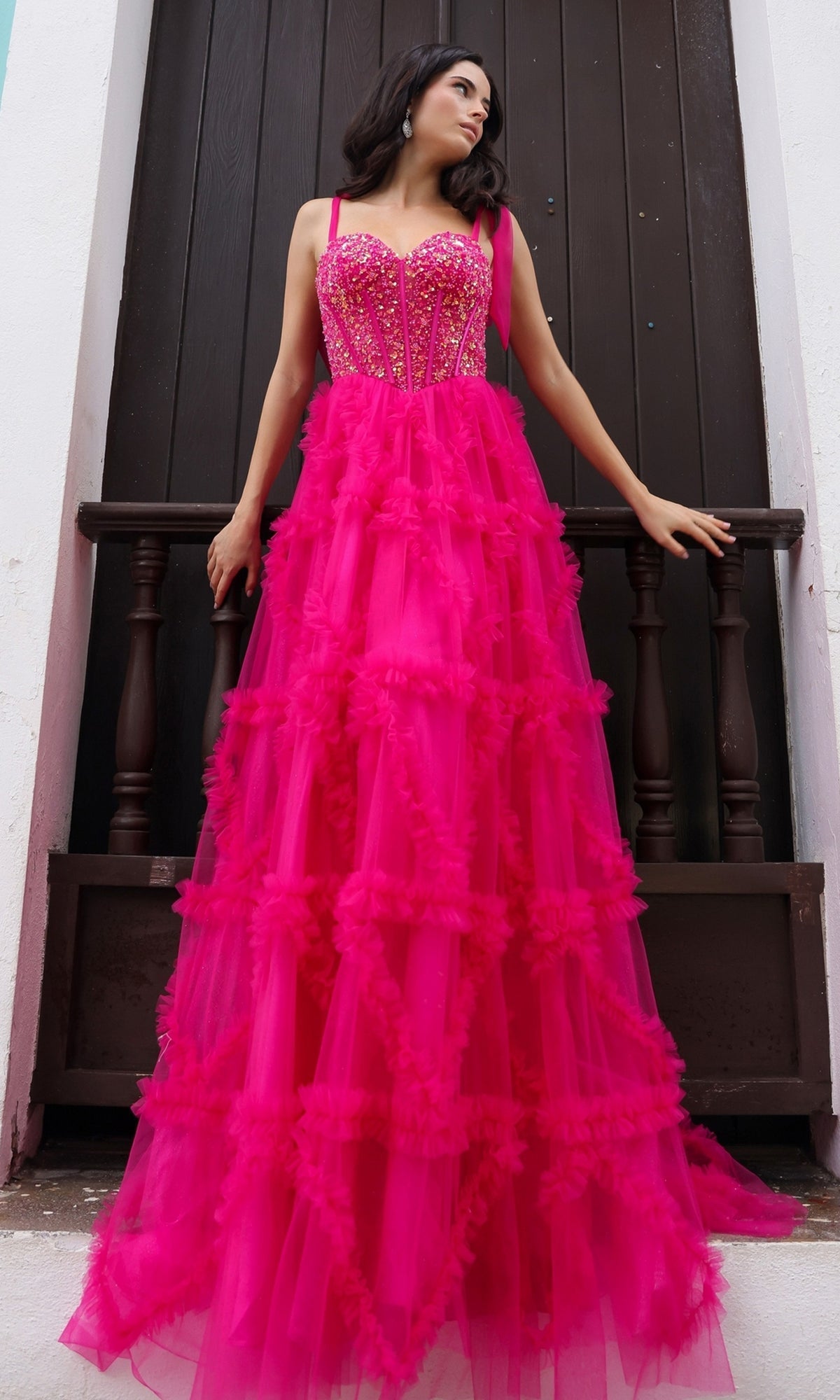 Nox Anabel T1340 Shoulder-Bows Long Ruffled Prom Gown