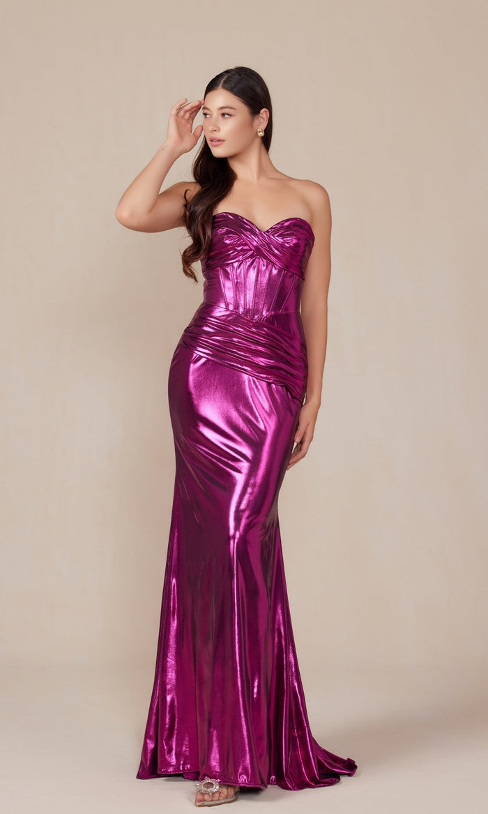 Nox Anabel T1499 Pleated Metallic Long Prom Dress