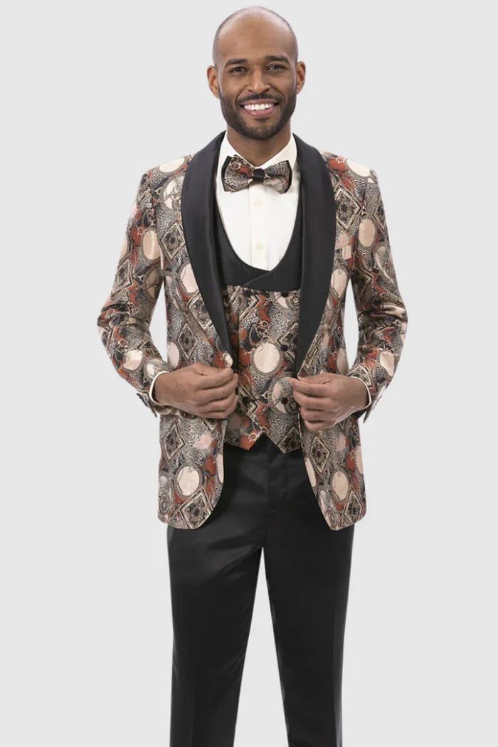 Rust Geometric Tuxedo with Vest & Bowtie