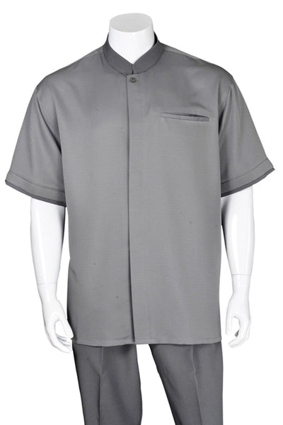 Mens Short Sleeve Banded Mandarin Collar Walking Suit in Grey