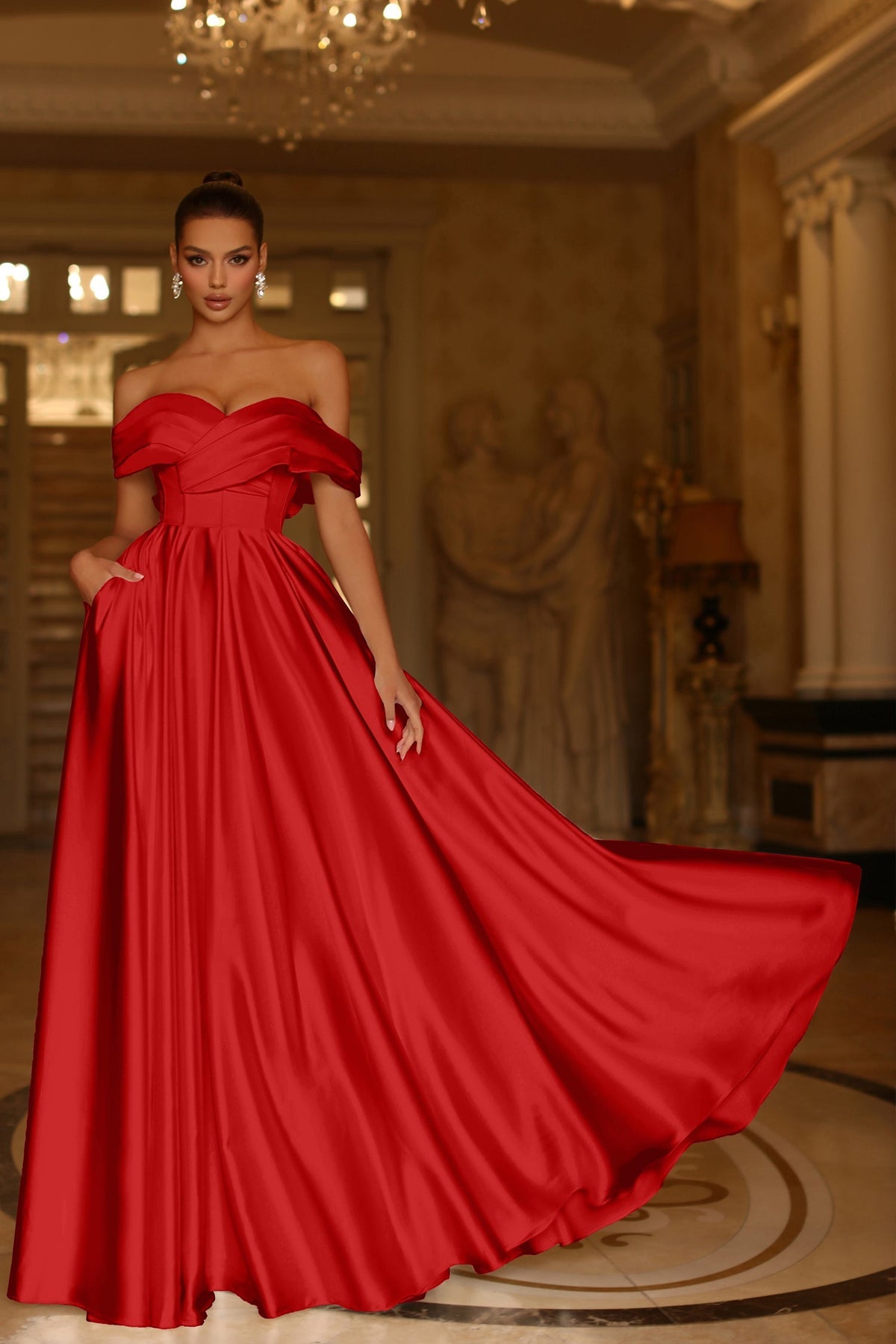 Tina Holly TE207 Wedding Prom Off-Shoulder Pleated Pockets Satin Dress